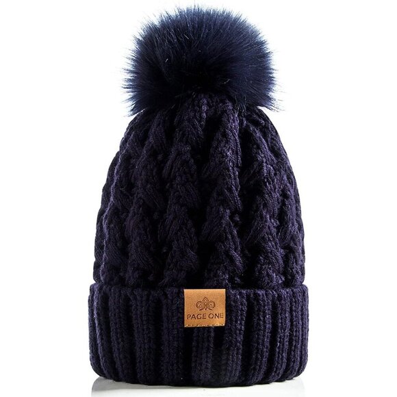 Women’s Navy Winter Ribbed Beanie Hat Chunky Cable Knit Pompom Warm main image 4